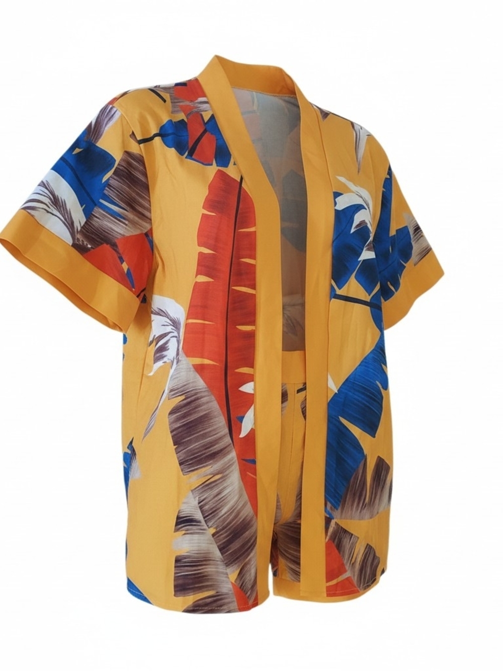 SHEIN Curve 3-Piece Tropical Leaf Print Set - Mustard Yellow - Size 0XL - NWOT